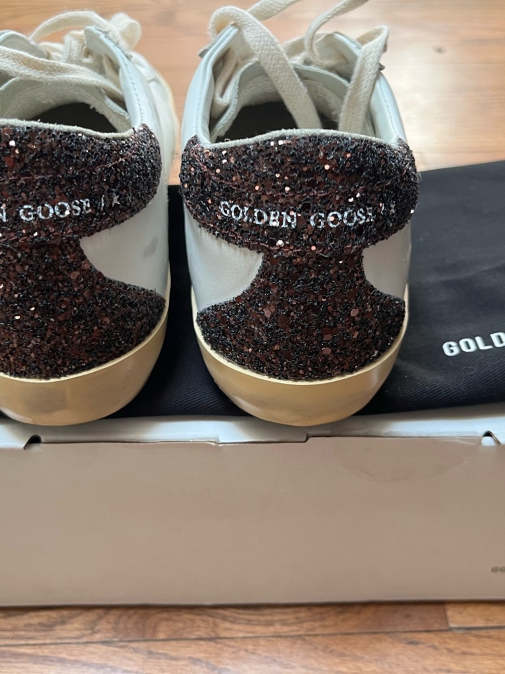 Golden Goose Sparkle Heel Tab Sneakers - White with Dark Brown Glitter